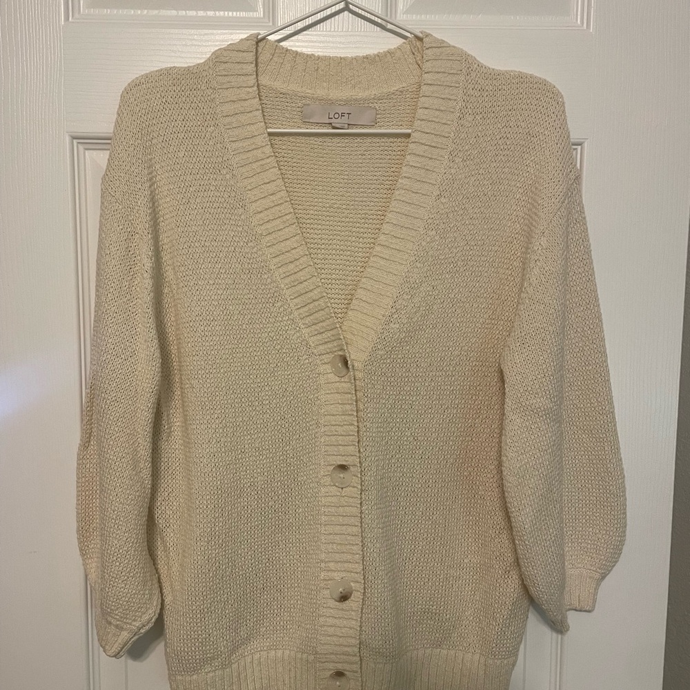 LOFT Cream Button-Up V-Neck Knit Cardigan